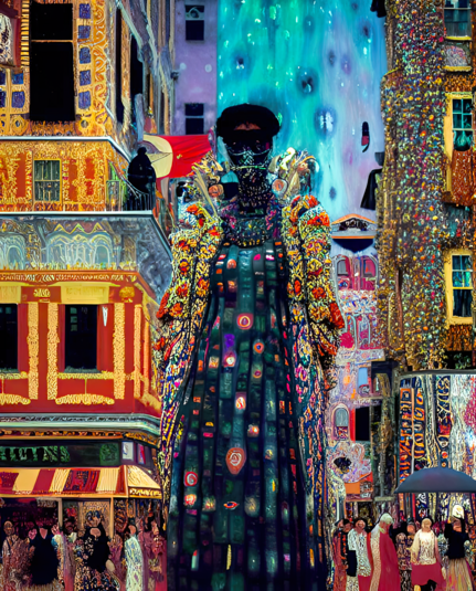 a Klimt-inspired illustration of a towering humanoid sculptural form on display at an outdoor street festival with pedestrians for scale and multistorey mixed-use constructions