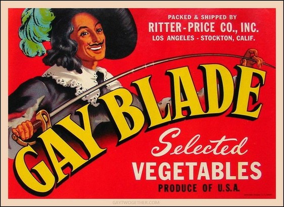 Label for Gay Blade brand vegetables. An illustration of a dandy swordsman with a plumed hat, a curled mustache, and a smallsword.