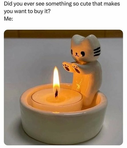 Did you ever see something so cute that makes you want to buy it?
Photo of ceramic (?) candle holder with a small cat or kitten standing on the side, her paws towards the candle's flame.