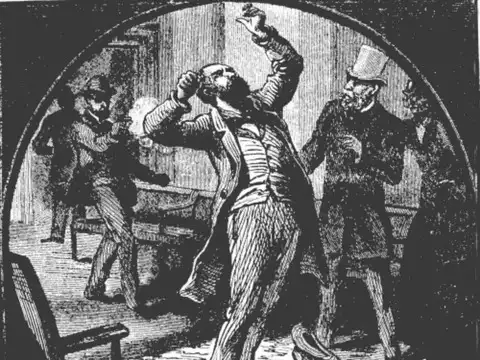A drawing showing President James A. Garfield being shot in the back by an assassin in 1881.