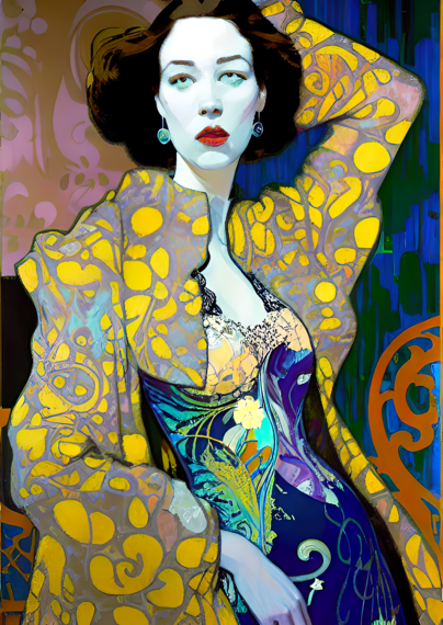a psychedelic Art Nouveau illustrated portrait of a humanoid individual in theme-fitting clothing against a divided background