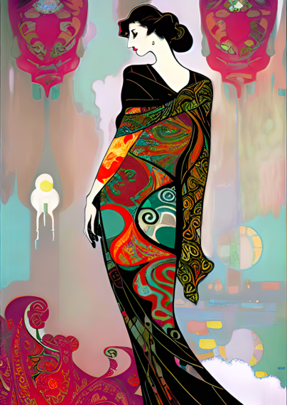 a psychedelic Art Nouveau illustrated portrait of a humanoid individual wearing them-fitting clothing