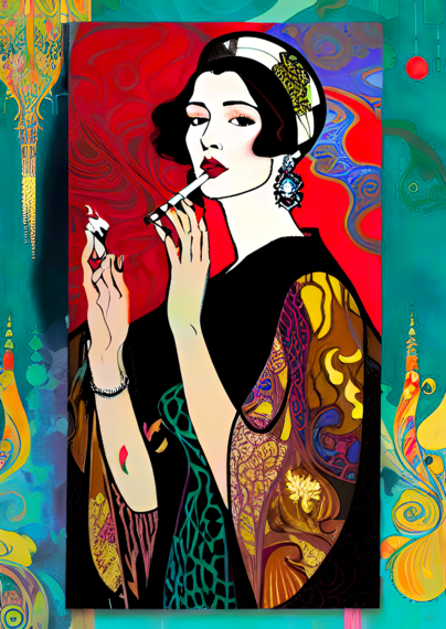 a psychedelic Art Nouveau illustrated portrait of a humanoid individual, possibly attempting to smoke a cigarette