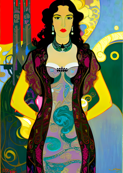 a psychedelic Art Nouveau illustrated portrait of a humanoid individual with an abstract background