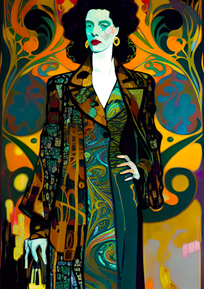 a psychedelic Art Nouveau illustrated portrait of a humanoid individual depicted against a background of swirling organic shapes