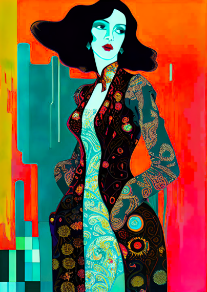 a psychedelic Art Nouveau illustrated portrait of a humanoid individual against an abstract background of softened rectilinear shapes