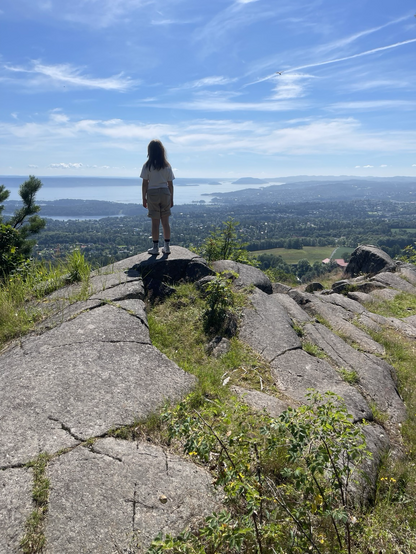 A 8 yo girl on a top of a little mountain looking at the Oslo fijord that can be seen in the background. Stone, evergreens and grass can be seen in the foreground. The girl is facing away and is dressed with short tan trousers and white tshirt. It is sunny and warm.