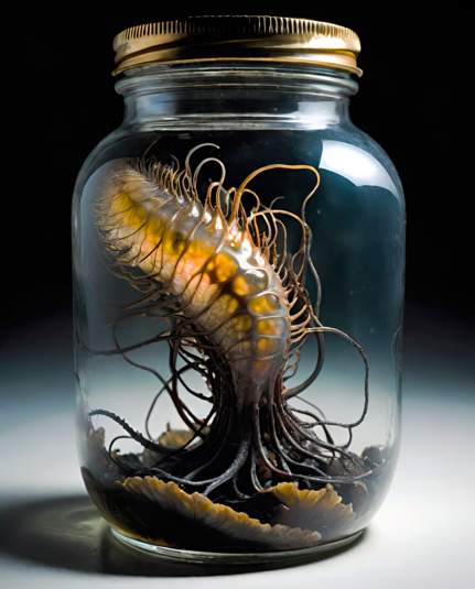 a photographic depiction of a seemingly self-illuminated polyp with slender tentacles in a clear glass jar with a lid
