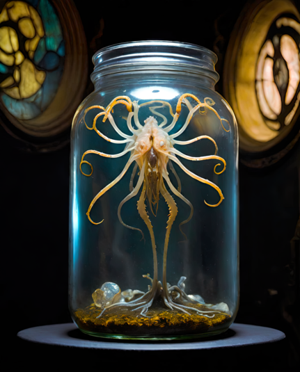 a photographic depiction of a tentacled creature of unknown taxonomy in a clear glass jar with a pair of small round stained glass windows (portholes?) in the background
