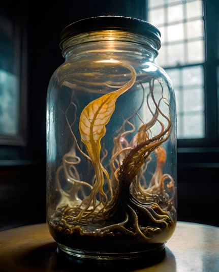 a photographic depiction of chlorophyll-less plant matter(?) and a life form with roots and tendrils in dirt in a clear glass jar on a table with a window in the background on one wall and framed art on the other