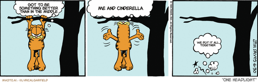 Original Garfield comic from June 30, 1995
Text replaced with lyrics from: One Headlight

Transcript:
• Got To Be Something Better Than In The Middle
• Me And Cinderella
• We Put It All Together


--------------
Original Text:
• Garfield:  Stuck up in a tree again.  WHY do I do stupid things like this?!  And that.