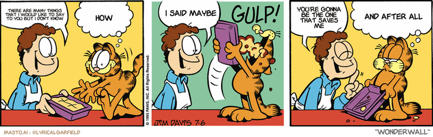 Original Garfield comic from July 6, 1995
Text replaced with lyrics from: Wonderwall

Transcript:
• There Are Many Things That I Would Like To Say To You But I Don't Know
• How
• I Said Maybe
• You're Gonna Be The One That Saves Me
• And After All


--------------
Original Text:
• Jon:  Lasagna, Garfield?
• Garfield:  I'd die for this guy.
• Jon:  It's low calorie.
• Garfield:  GULP!
• Jon:  And one-third the fat.
• Garfield:  Then bring me two more, dip wad.