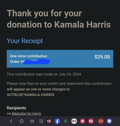 Receipt for $29 to the Kamala Harris campaign 