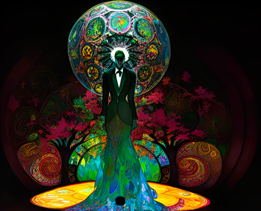 a psychedelic illustration of a humanoid individual in a corseted suit with a trippy orb behind -- possibly a stage show of some kind