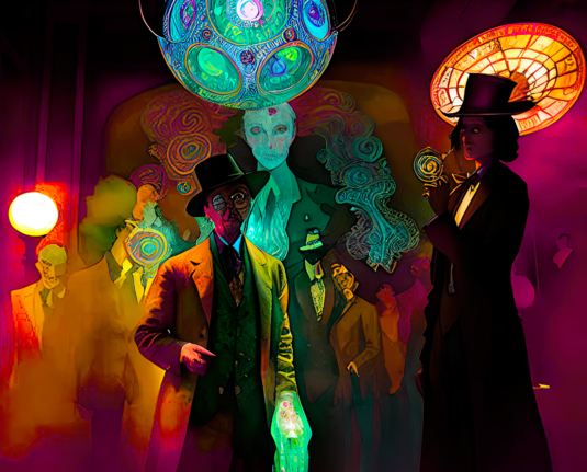 a psychedelic illustration of a room (dance hall?) filled with humanoid individuals in suits and maybe a phantom or two
