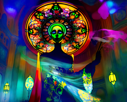 a psychedelic illustration of a humanoid individual in a distorted neoclassical space with a trippy halo