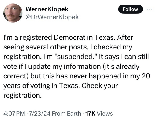 screenshot image of a recent complaint of a registered Texan Democrat voter who found that his voter registration had been mysteriously suspended.