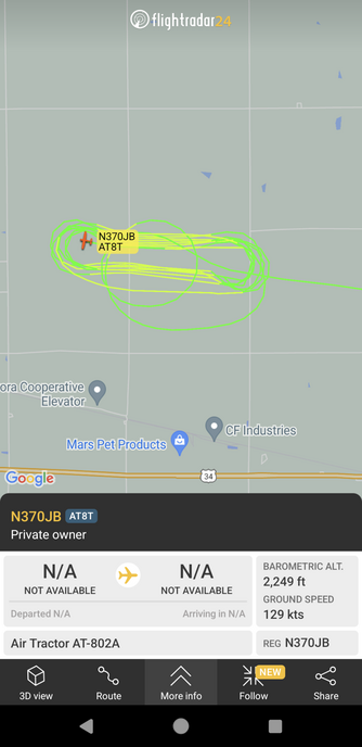 A FlightRadar24 screenshot of a crop duster going round and round a field