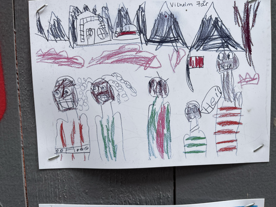Drawing of a family by a primary school kid. There are 5 members in the family and they all wear stripes. Their faces are filled in with brown. In the background there are mountains looking like tents, trees and a house.