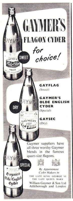 Vintage ad for Gaymer’s cider. It comes in three varieties: Gayflag, Gaymer, and Gaysec. Tagline reads: “Gamers Flagon Cyder for choice!”