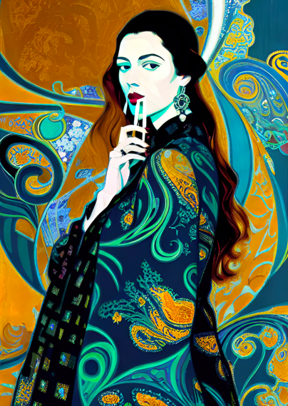 a psychedelic illustrated portrait of a humanoid in  profile, face in 3/4ths profile, in an ornate robe with a kimono feel against a proto-paisley background
