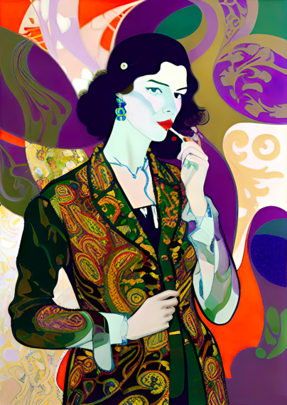 a psychedelic illustrated portrait of a humanoid individual in a paisley coat against taking a cigarette break against a trippy background