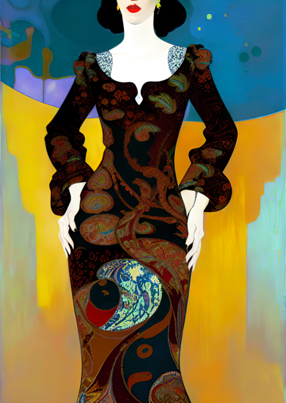 a psychedelic illustrated portrait of a humanoid individual (image cuts off top of head and from calf down) in a tight-fitting dress of proto-paisley Art Nouveau design