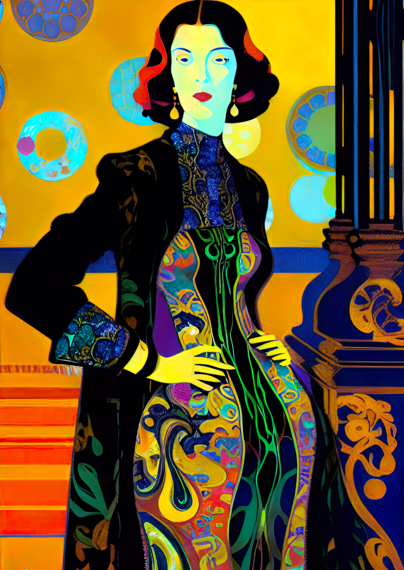a psychedelic illustrated portrait of a humanoid individual in proto-paisley gown and long coat posing with hands on hips in front of a decorated wall