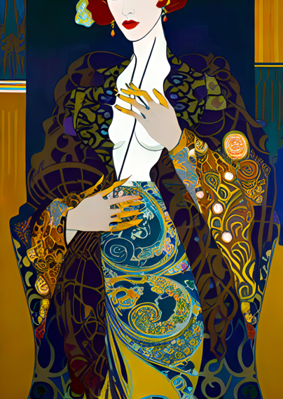 a psychedelic illustrated portrait of a humanoid individual in a proto-paisley skirt and wrap covering a bit of exposed chest with her hands