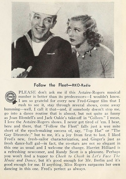 Enthusiastic review of “Follow the Fleet” by Screenland editor Delight Evans in May 1936 issue.
