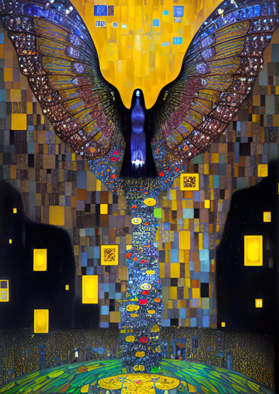 a Klimt-inspired symmetrical-ish portrait of (probably) a corid of some variety with wings spread out and up and a phantom tail reaching to the ground. It's possible that it is, instead, an avian humanoid seen from a distance.