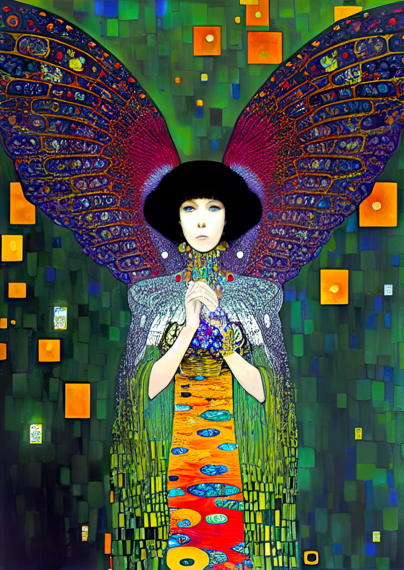a Klimt-inspired portrait of a winged humanoid individual, potentially a lepidopteran hybrid, against a mostly greenish abstract background