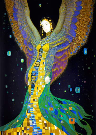 a Klimt-inspired portrait of a feather-winged humanoid individual in a form-fitting dress against a (mostly) black background