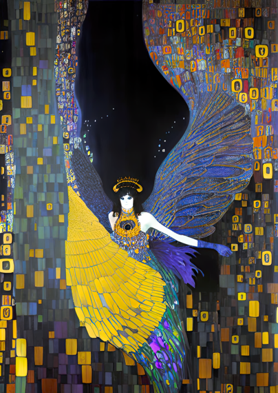 a Klimt-inspired portrait of a feather-winged humanoid individual, probably descending, with long flowing hair streaming upward against a busy background