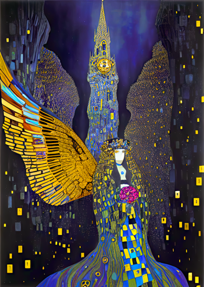 a Klimt-inspired portrait of a feather-winged humanoid individual in an urban environment at ground level with buildings and a clock-tower in the background