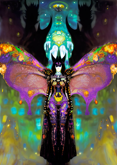 a largely symmetrical Klimt-inspired portrait of a lepidopteran humanoid individual against a background of abalone and ominous shadows