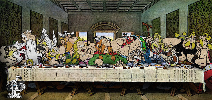 Scène (cène ?) de banquet revisitée avec les irréductibles Gaulois, autour d'Asterix et Obelix.
Seul le petit chien Idefix se pose des questions sur leur état mental général...