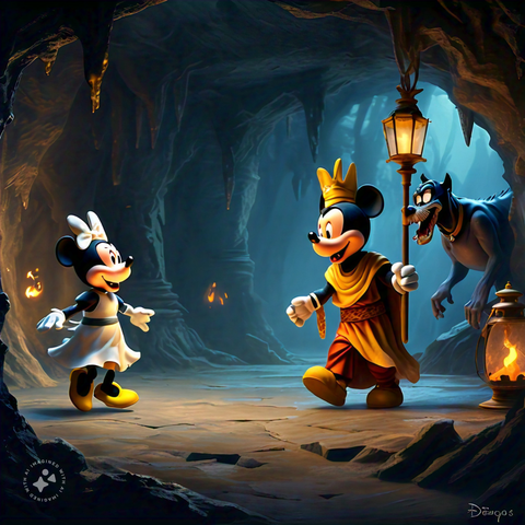 Prompt for the Facebook AI generator: Generate a high resolution of Mickey Mouse as Orpheus rescuing Minnie Mouse as Eurydice from the underworld, with the Disney dog character Pluto representing the lord of the underworld.