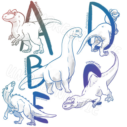 Dinosaur alphabet with Allosaurus, Brachiosaurus, Concavenator, Dilophosaurus and Edmontosaurus