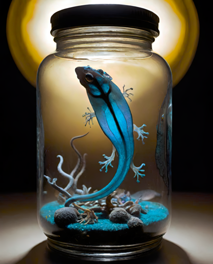 a photographic depiction of a blue translucent quintuped inside a clear glass jar with a bit of aquarium sand, some stones, and (possibly) bits of coral