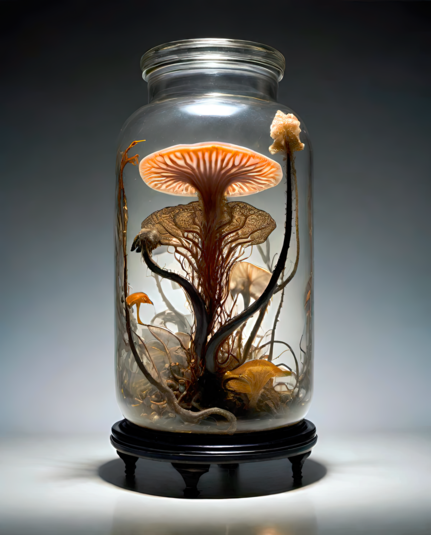 a photographic depiction of what appears to be a fungal sample with fruiting bodies in a clear glass jar on a small decorative wooden pedestal