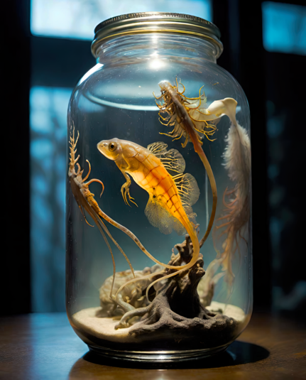 a photographic depiction of what appears to be an aquatic vertebrate and a few less identifiable items in a clear glass jar on a wooden table with windows in the background
