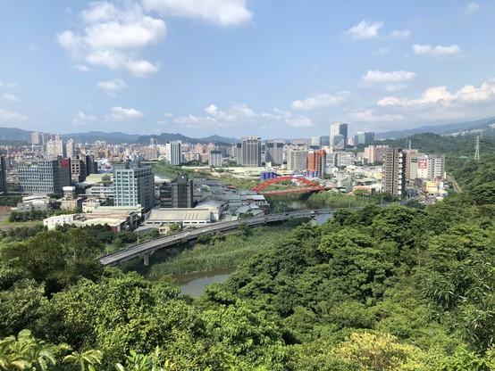 View from Little Nangang Hill towards Beishan Bridge over the Keelung river. 