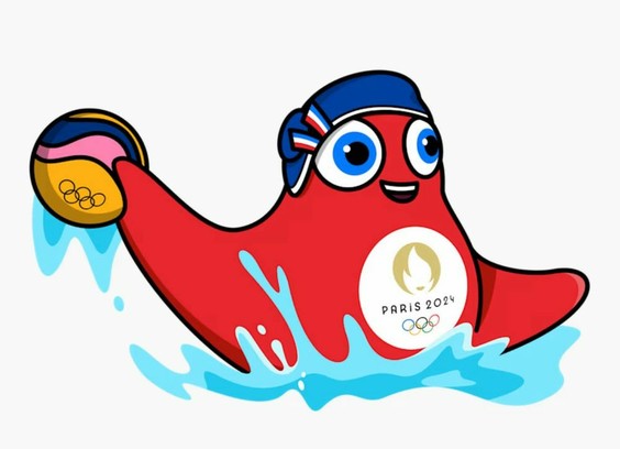 JO2024 mascot with a ball in pool - water polo
