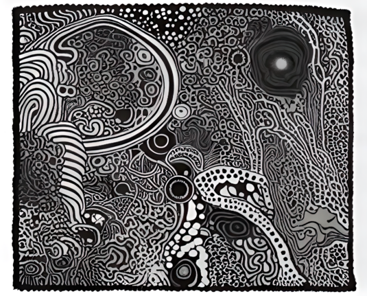 a mostly monochrome abstract illustration of a rough frame filled with organic textures composed of strokes and a few circular features at different scales