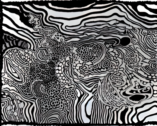 a mostly monochrome abstract illustration of fields of organic textures made from unsteady strokes of various thickness and at the smallest scale blobs in light and dark