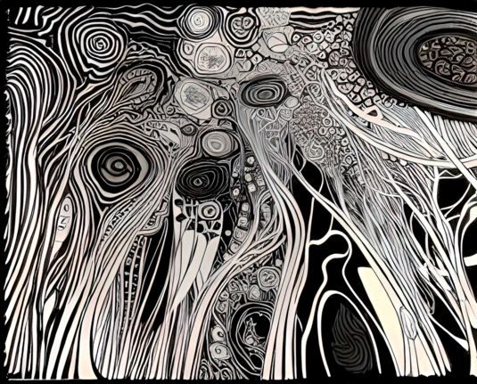a mostly monochrome abstract illustration forming a view resembling an underlit fungal forest against a nighttime sky as seen from below