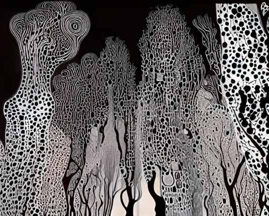 a mostly monochrome abstract illustration of a number of organic tall vegetal structures with heavy lines at the base of a few and textures made from dots and blocks, with a bit of negative space at the top like a dark sky