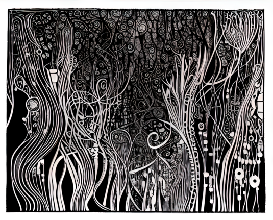 a mostly monochrome abstract illustration resembling a fibrous forest of weeds with stronger strokes toward the bottom (with light as the foreground) and a denser web of lines above (with light as the background)