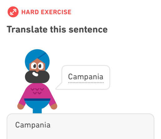 Duolingo. Hard erxercise. Translate this sentence. 
Vraag: campania. 
Antwoord: campania. 